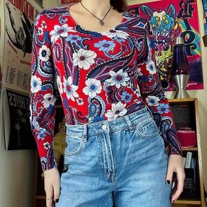 Talbots Red and Blue Floral Long Sleeve Top